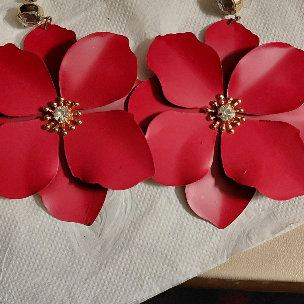 Bold Red Floral Drop Earrings with Gold Accents
